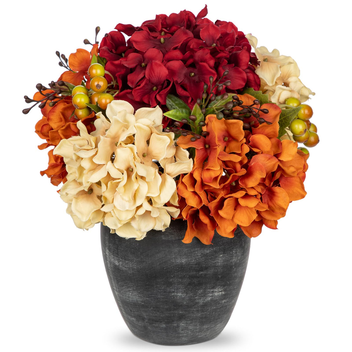 Oairse Artificial Hydrangea Arrangement, 11.8 Inch Silk Blooms in Ceramic Vase, Cream Orange Wine