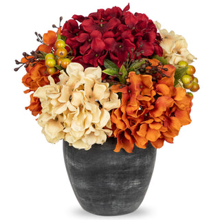 Oairse Artificial Hydrangea Arrangement, 11.8 Inch Silk Blooms in Ceramic Vase, Cream Orange Wine