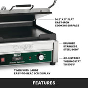 Panini Press with Timer by Waring – Compact Cooking Surface Machines, Cast Iron, Green, Model WFG250T