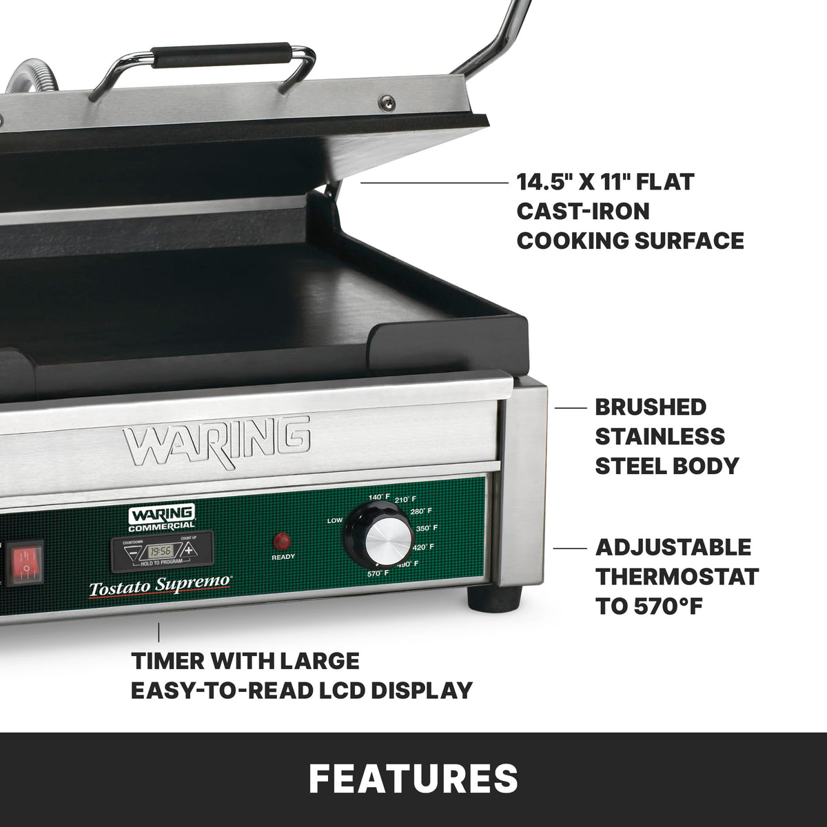 Panini Press with Timer by Waring – Compact Cooking Surface Machines, Cast Iron, Green, Model WFG250T