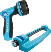 Aqua Joe Multi-Function Hose Nozzle with Smart Throttle and 7 Sprayer Patterns Bundled with Oscillating Sprinkler with Adjustable Spray