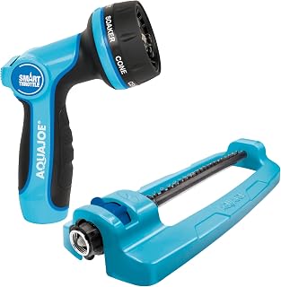Aqua Joe Multi-Function Hose Nozzle with Smart Throttle and 7 Sprayer Patterns Bundled with Oscillating Sprinkler with Adjustable Spray