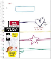 Five Star Spiral Notebook + Study App, 1 Subject, Wide Ruled, 8" x 10-1/2", 80 Sheets, Fights Ink Bleed, Water Resistant Cover, Pastel Doodles (930212F-ECM)
