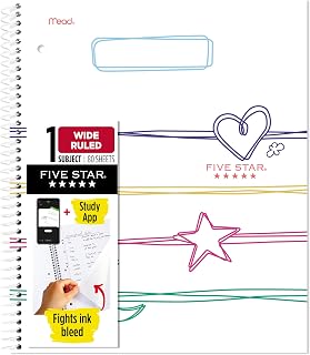 Five Star Spiral Notebook + Study App, 1 Subject, Wide Ruled, 8" x 10-1/2", 80 Sheets, Fights Ink Bleed, Water Resistant Cover, Pastel Doodles (930212F-ECM)
