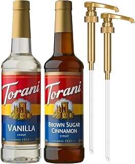 Torani Syrups, Brown Sugar Cinnamon and Vanilla Syrup Variety 2-Pack, Coffee Syrups for Drinks, Pumps Included, 25.4 Fl Oz Ea
