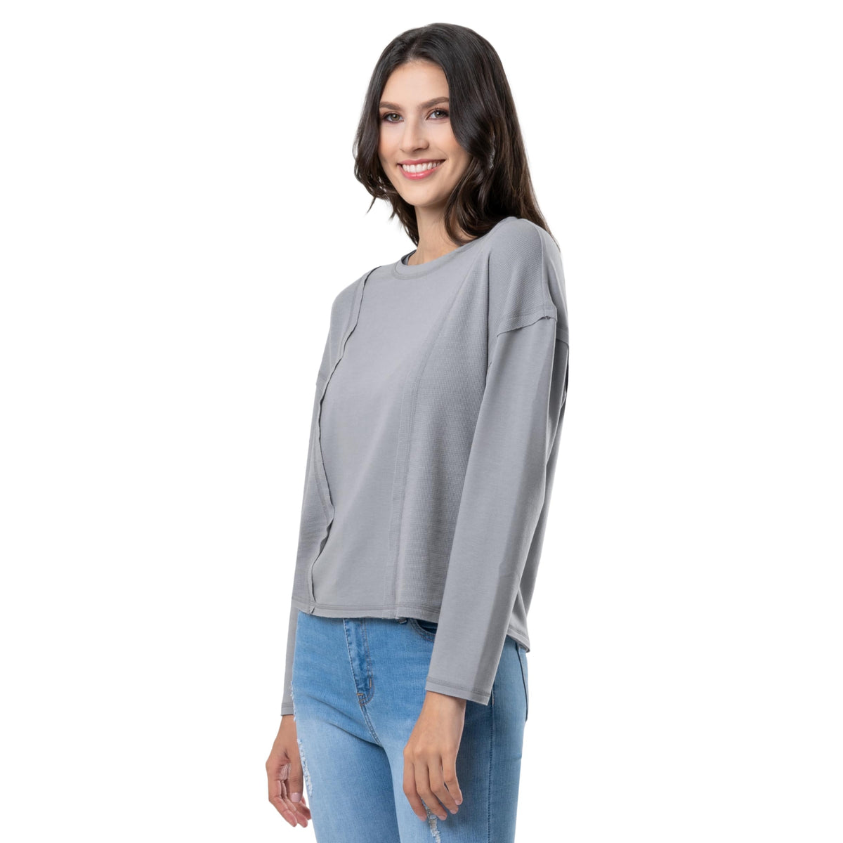 Women's Crew Neck Cropped Waffle Knit Pullover Top by Lee – Polyester, Grey, Model 21368