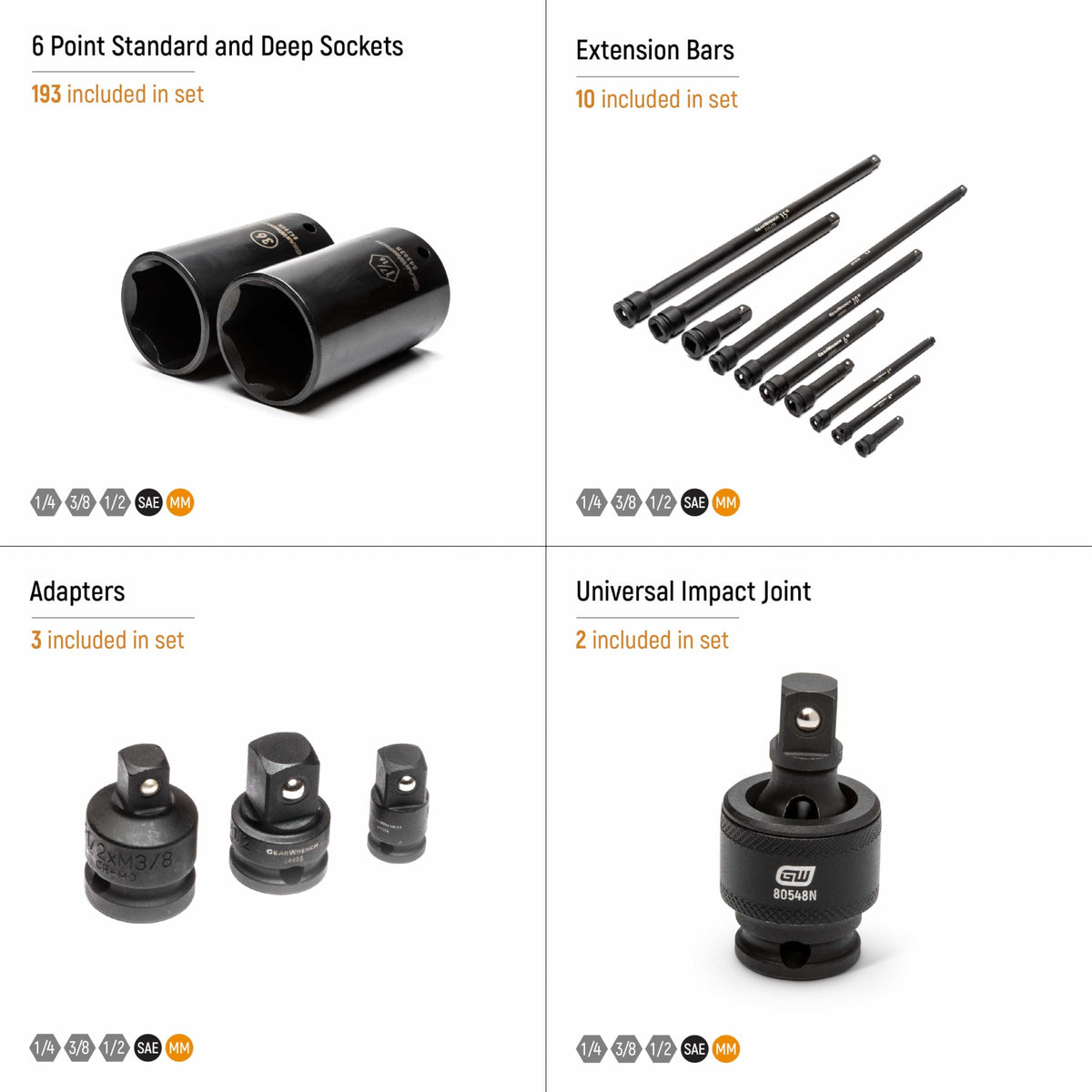 209 Piece SAE/Metric Std/Deep Master Impact Socket Set by GEARWRENCH – 1/4", 3/8", & 1/2" Drive, Chrome Molybdenum Steel, Manganese Phosphate, Model 89072