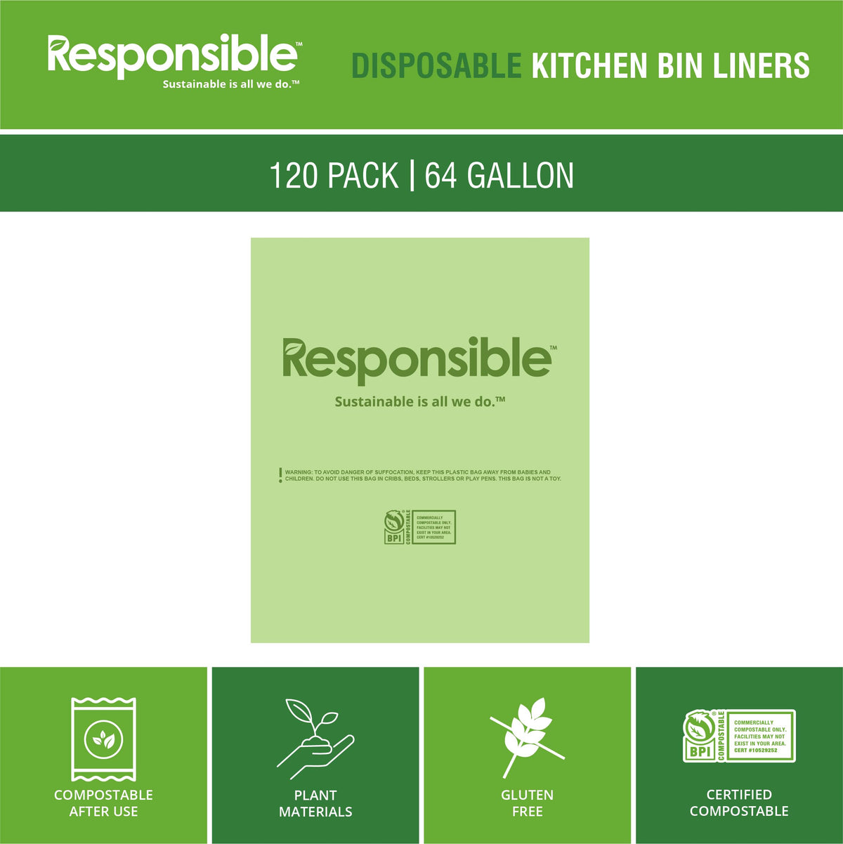 Compostable Tall Kitchen Trash Bags 64 Gallon - Heavy Duty Multipurpose Bin Liners for Food Scraps by Responsible Products – 1 Count (Pack of 120), Model RP-CKBAG64-120-120