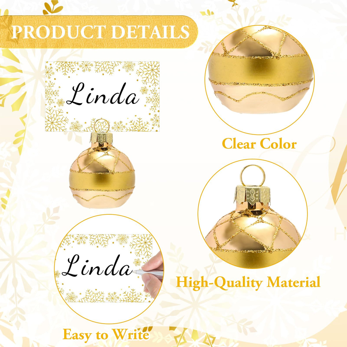 Whaline Ball Ornament Place Card Holders, Gold Snowflake, 12 Pack