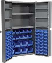 Global Industrial Deep Door Bin Cabinet, Includes 68 Blue Plastic Bins