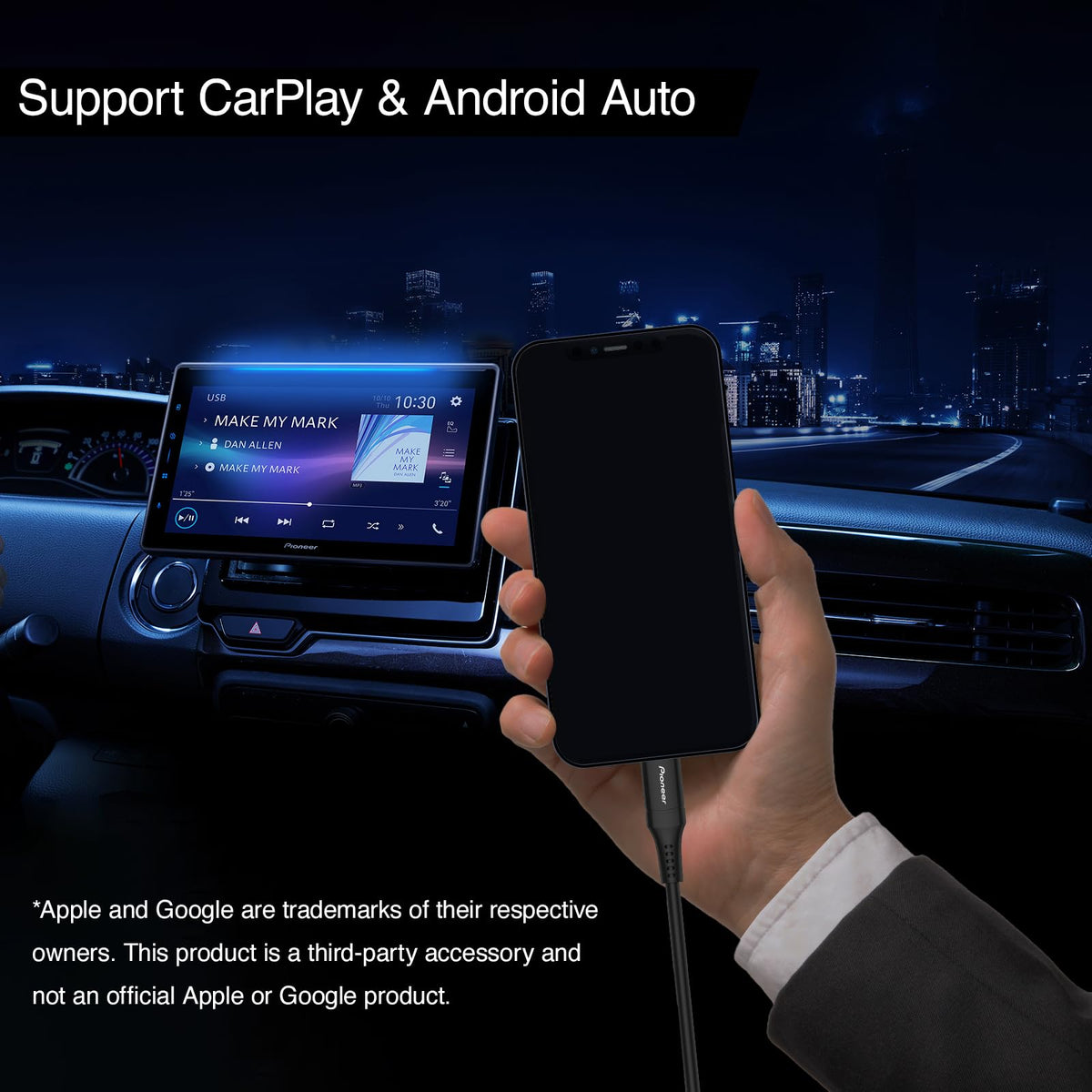 USB-A to USB-C Cable 1 m for Apple CarPlay & Android Car by PIONEER – 1 m, black, Model CD-U5110AC