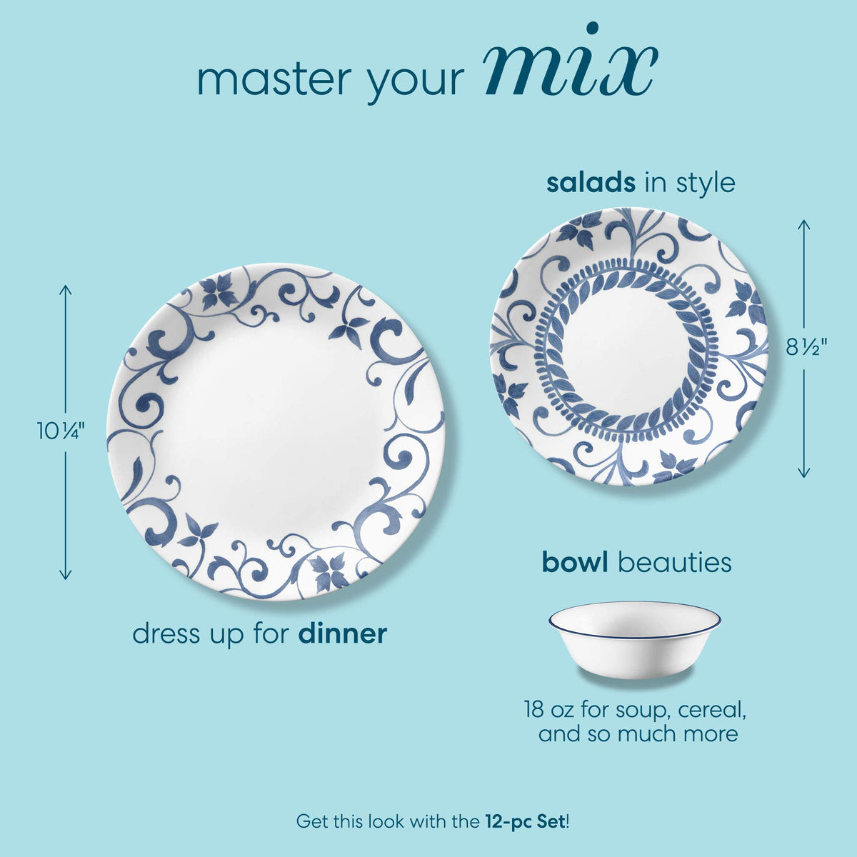12-Piece Dinnerware Set Service for by Corelle – Vitrelle® glass, Blue, Pack of 12, Model 3516