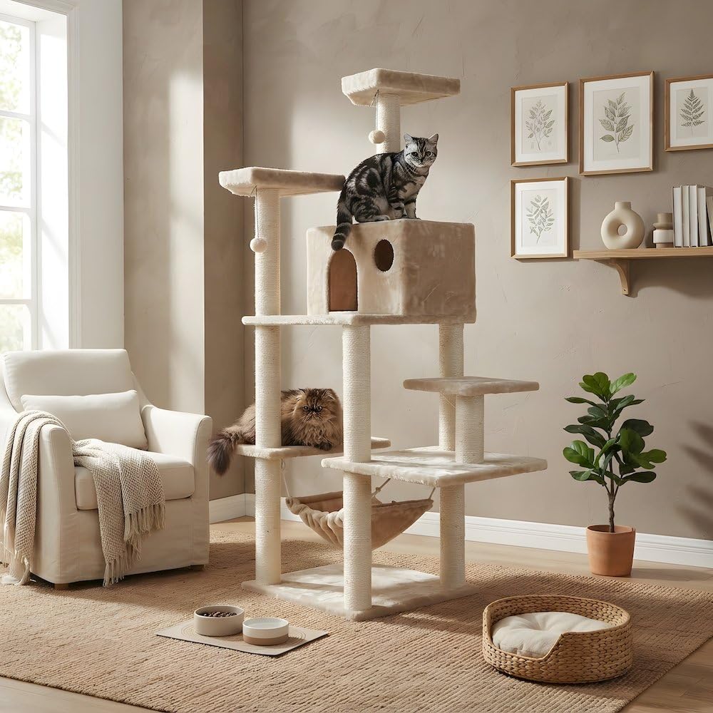 Pressed Wood Cat Tree with Condo and Hammock by Bison Pets – Engineered Wood, Beige