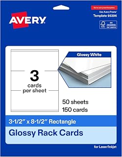 Avery Printable Rectangle Rack Cards, 3.5" x 8.5", Glossy White, Laser/Inkjet Compatible, 150 Total, Ideal for Packaging, Displays, and Business Use