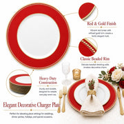 Osgevei Beaded Charger Plates, 13 Inch Round Plastic Set of 12, Red with Gold Rim