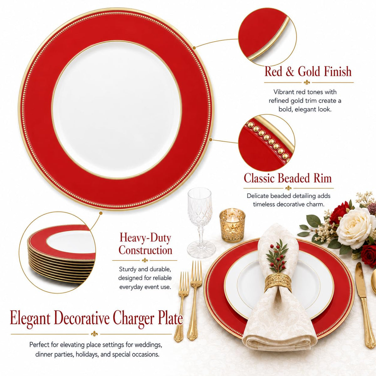 Osgevei Beaded Charger Plates, 13 Inch Round Plastic Set of 12, Red with Gold Rim
