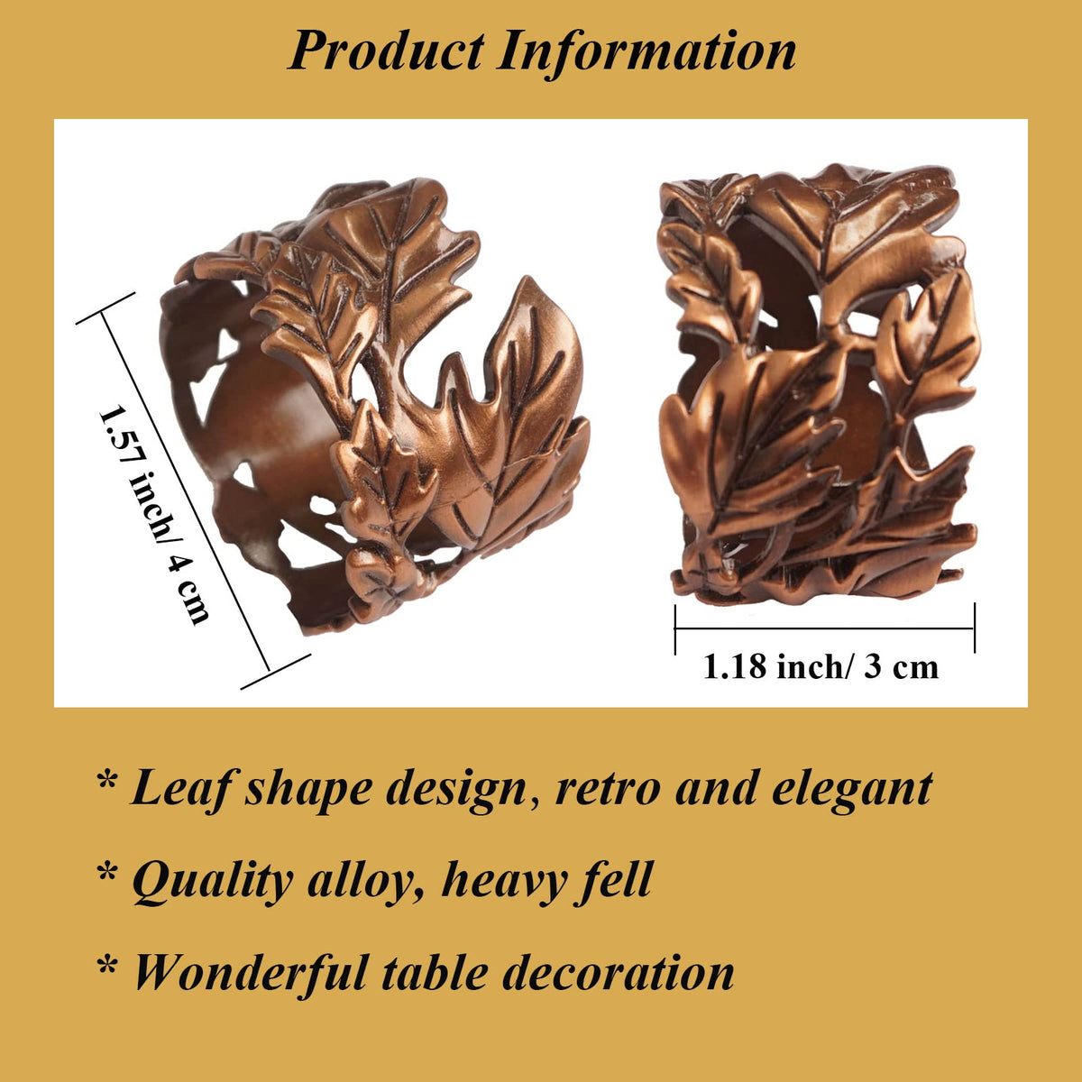 Utalek Leaf Napkin Rings, Metal Holders Set of 6, Bronze