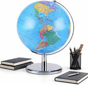 LED Illuminated World Globe with Chrome Rotating Stand – Desk Display Globe with Lighted Map, Metal Base, Plug-In Power
