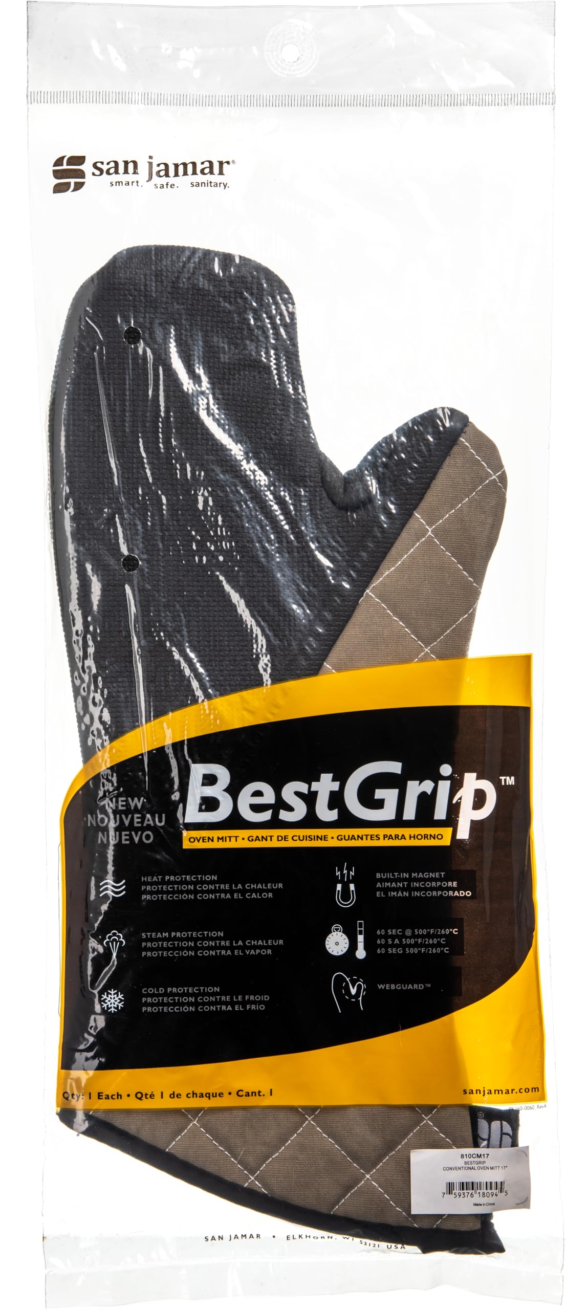 Bestgrip Conventional Oven Mit by San Jamar – 17" Length, Neoprene, Brown, Model 810CM17