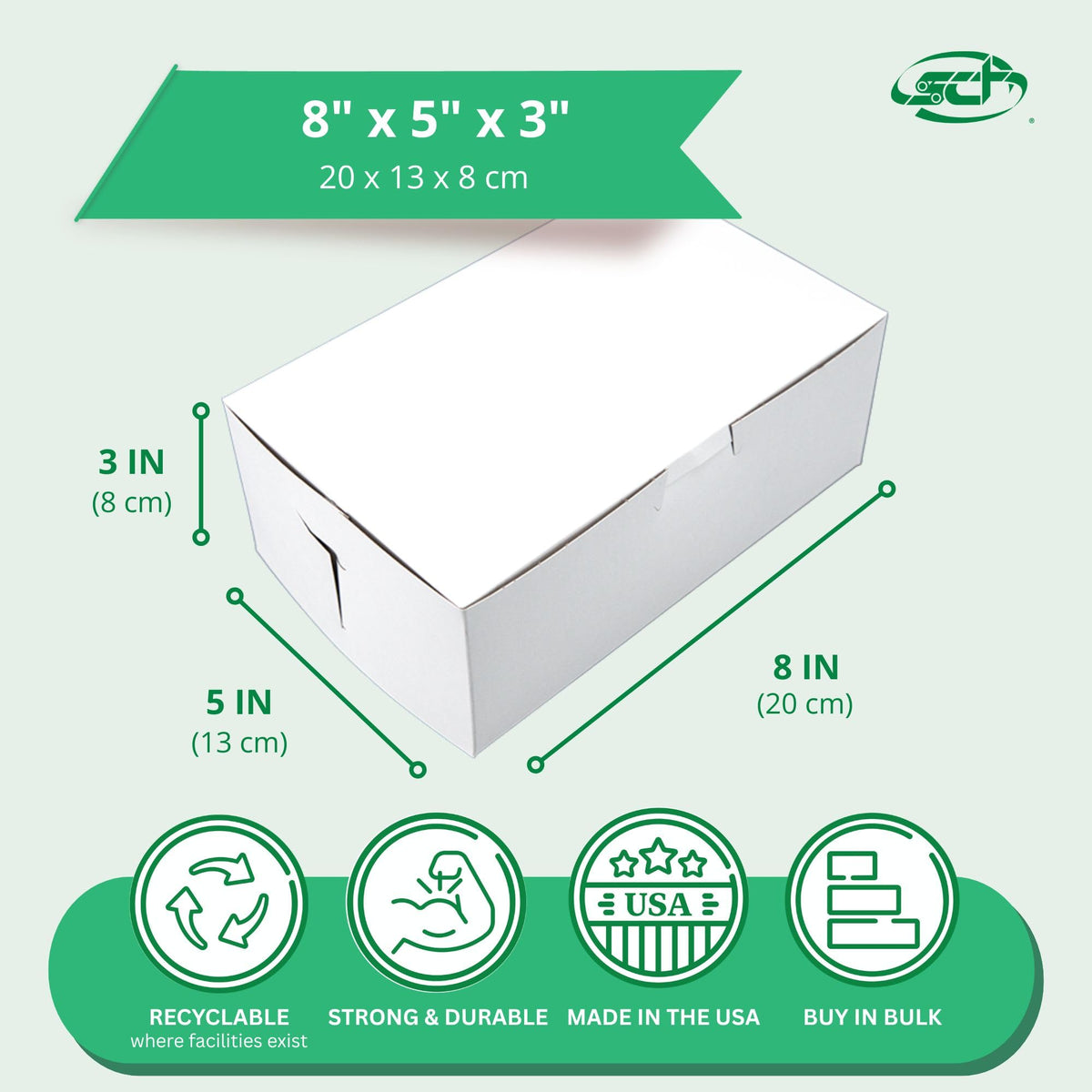 Premium Clay Coated Kraft Paperboard White Non-Window Lock Corner Bakery Box by SOUTHERN CHAMPION TRAY – 8" L x 5" W x 3" H - 250ct, Cardboard, White, Pack of 250, Model 0925