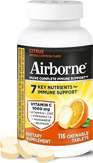 Airborne Citrus Chewable Tablets, 116ct | Immune Support Supplement with 1000mg Vitamin C + Vitamins A, D, E, Zinc,Selenium, & Manganese | Herbal Blend | Gluten Free