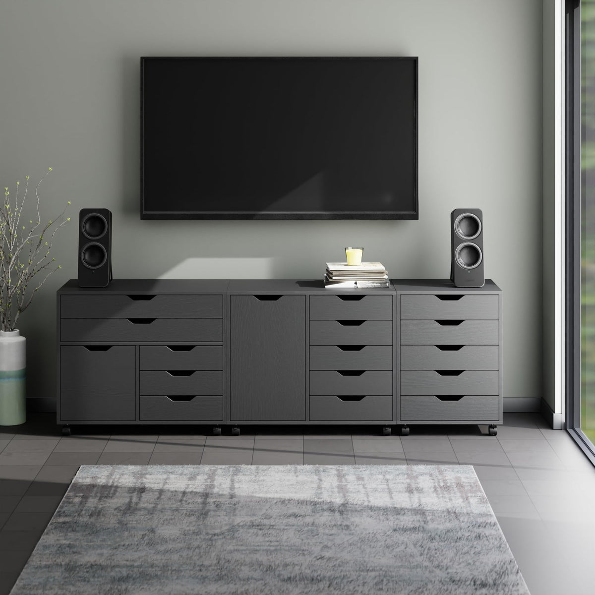 Winsome Black / 2 Doors, 15 Drawers / Contemporary Storage Cabinets