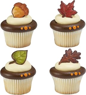 DecoPac Thankful For Fall Rings, Cupcake Decorations, Autumn Cupcake Toppers, Leaves & Acorns, Food Safe Cake Topper – 24 Pack