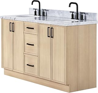 ARIEL K61DCWOVO Kelly 61" Free Standing Double Basin Vanity Set with Cabinet and Marble Vanity Top - Oak/Italian Carrara Marble Top/Matte Black Hardware