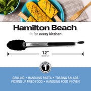 Stainless Steel 12in Food Tong with Silicon Top by Hamilton Beach – Tongs, Stainless Steel, Black, Model HGA107