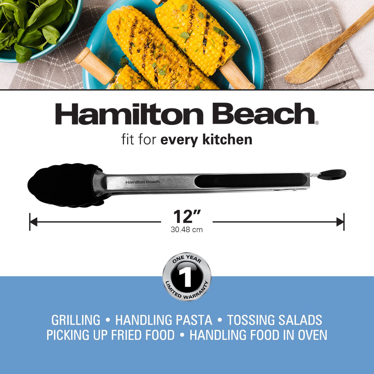 Stainless Steel 12in Food Tong with Silicon Top by Hamilton Beach – Tongs, Stainless Steel, Black, Model HGA107