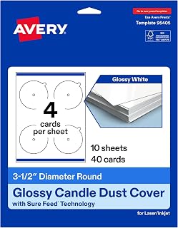Avery Printable Round Candle Dust Covers, 3.5" Diameter, Glossy White, Sure Feed Technology, Print-To-The-Edge Capability, Laser/Inkjet Compatible, 40 Total, Ideal for Packaging, Displays, and More