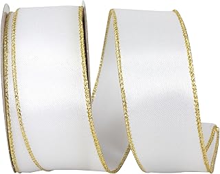 Reliant Ribbon Satin Value Metallic Wired Edge, White/Gold, 1-1/2 Inch, 10 Yards