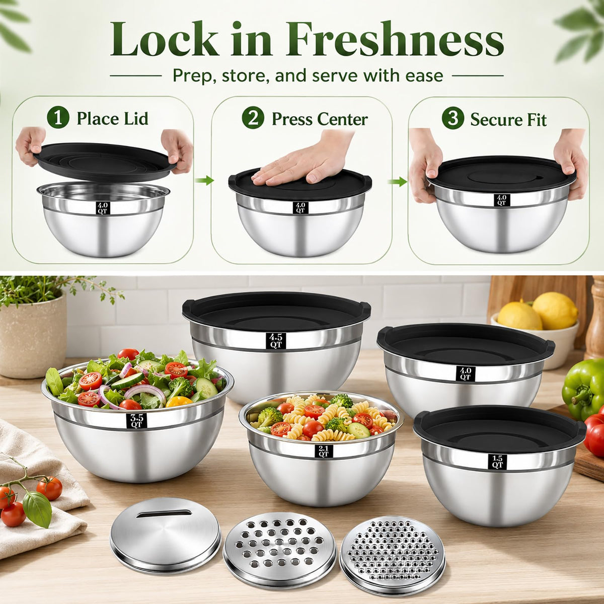 Boskermeal Mixing Bowl Set with Graters and Lids, 1.5 to 4.5 QT, Black