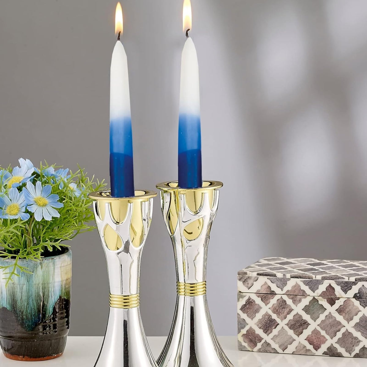 Rite Lite Shabbat Candles, Premium Hand Dipped Wax, Blue and White Tricolor 12 Pack