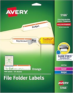 Avery TrueBlock® File Folder Labels, 2/3" x 3-7/16", 750 Printable Labels, White/Orange, Permanent (5166)
