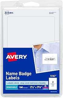 Avery Customizable Name Tags, 2-1/3" x 3-3/8", White, 100 Removable Name Badges (05147)