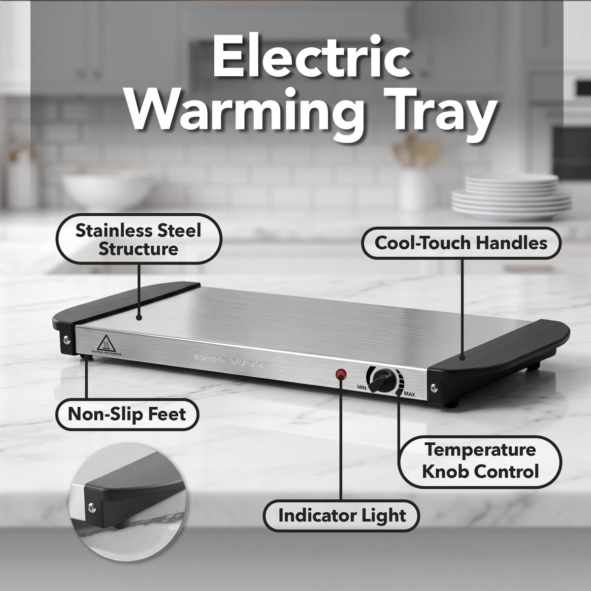 Ovente Electric Warming Tray, Adjustable Temperature Control, Silver