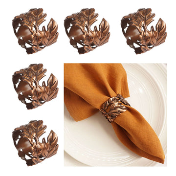 Utalek Leaf Napkin Rings, Metal Holders Set of 6, Bronze