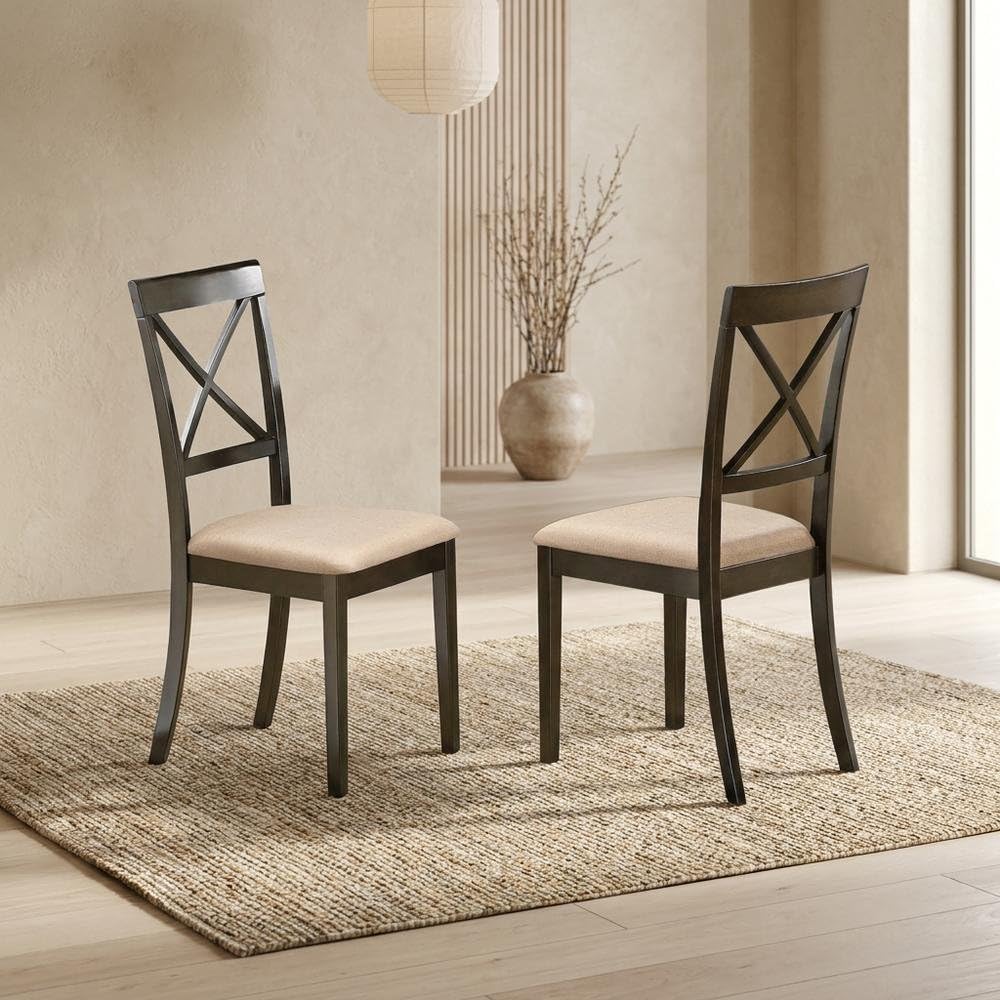 Solid Wood X-Back Dining Chair with Microfiber Seat by Furnifact – Wood, Black/Beige, Pack of 2