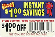 Coupon Labels $1.00 Off Instant Savings - 3" L x 2" H 250 Per Roll