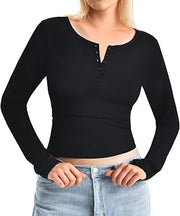 Long Sleeve Henley Shirts for Women Crop Fall Tops