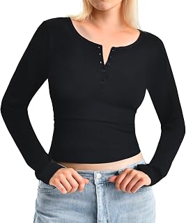 Long Sleeve Henley Shirts for Women Crop Fall Tops