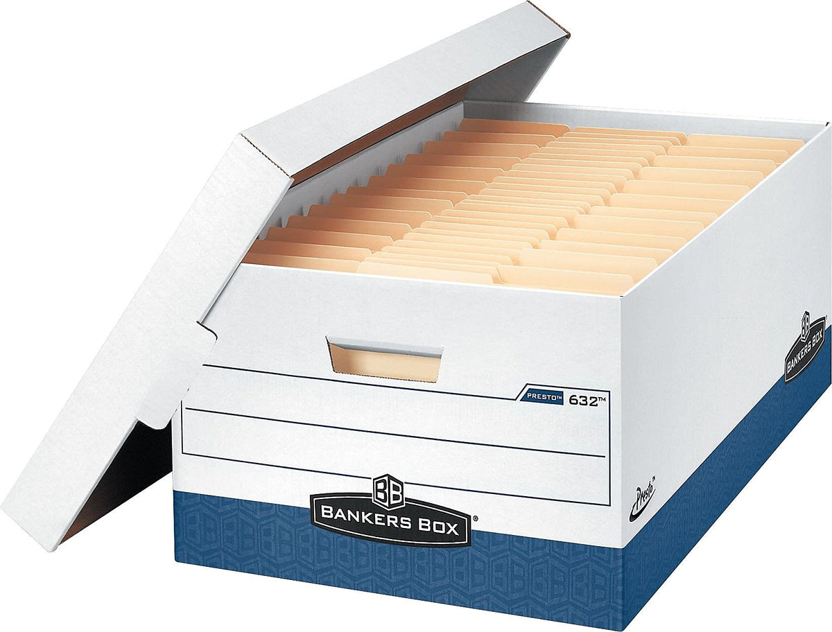 PRESTO™ Heavy-Duty Storage Boxes by Bankers Box – Legal Size, Paper, White/Blue, Pack of 12, Model FEL0063201
