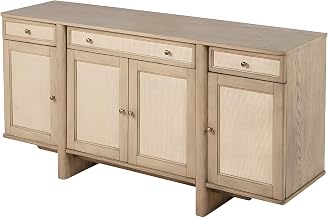 Furnifact Wood Cane Sideboard with 4-Door Storage, Buffet Cabinet Credenza for Dining Room and Living Room Kitchen, Beige Oak