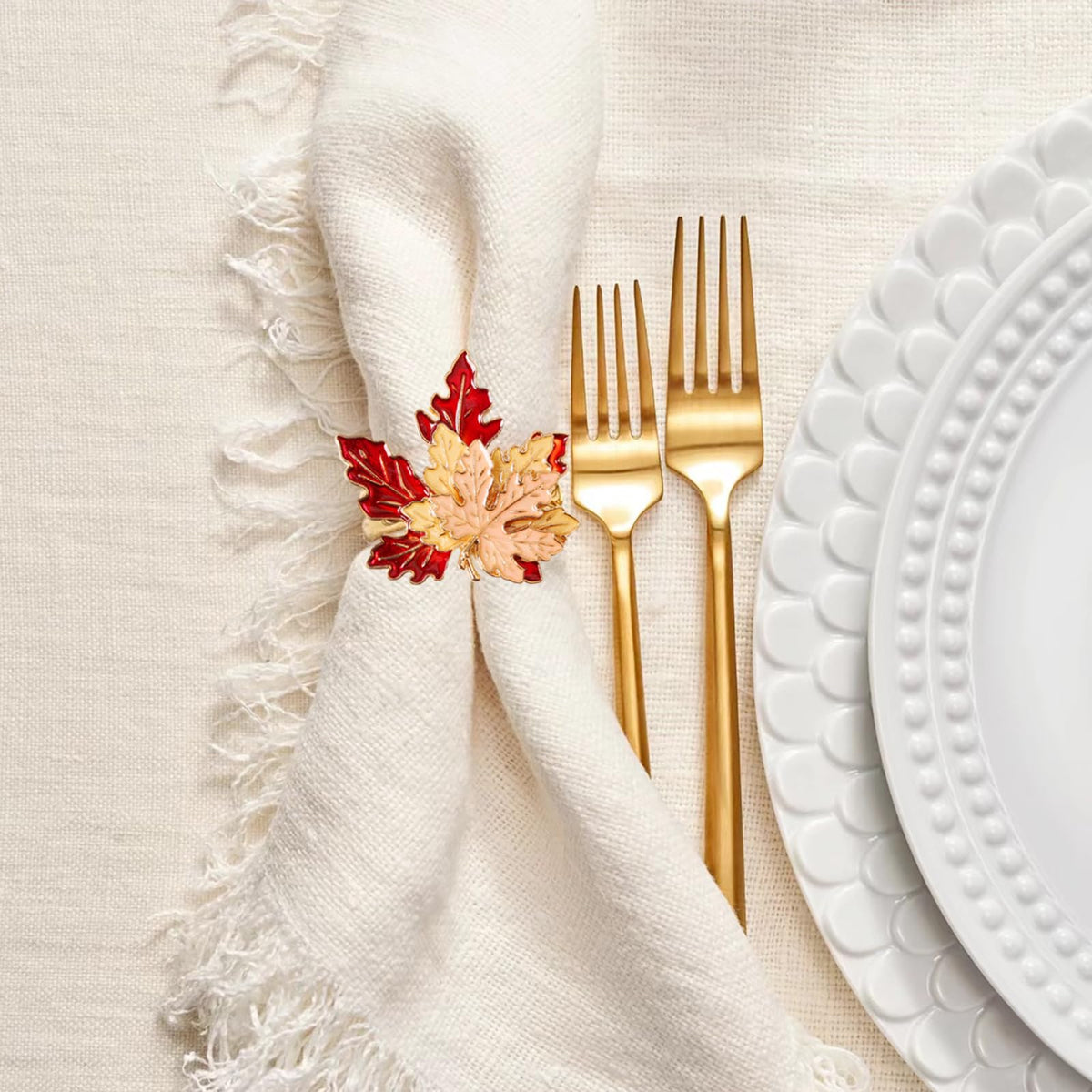 Emivery Maple Leaf Napkin Rings, Metal, Set of 6, Red and Yellow