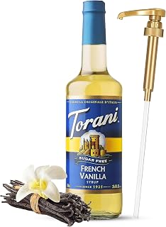 Syrup Pump Dispenser + Torani Sugar Free French Vanilla Syrup, 25.4 oz Bundle - Syrup Pump Compatible With Torani Flavor Coffee Syrup