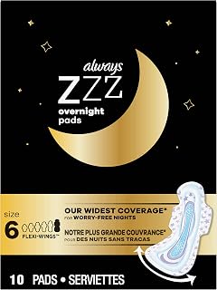 ZZZ Overnight Pads for Women Size 6 Unscented with Wings, Always' Widest Coverage for Worry-Free Nights, 10 Count