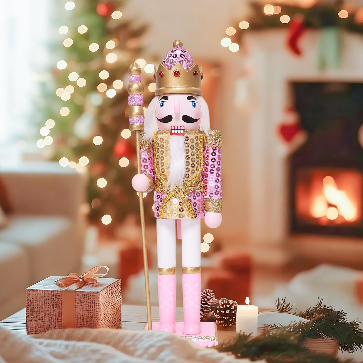 Oeuvi Wooden Nutcracker Figure, 11.8 Inch Tall, Pink Sequins