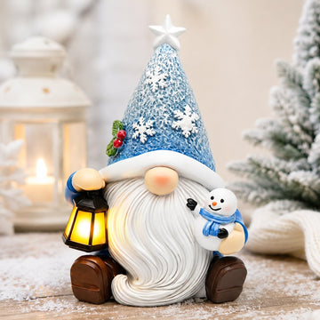 KnomeKo Lighted Christmas Gnome Figurine, Blue Snowman Lantern, 6 Inch