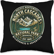 North Cascades National Park Washington Retro Badge Design Throw Pillow